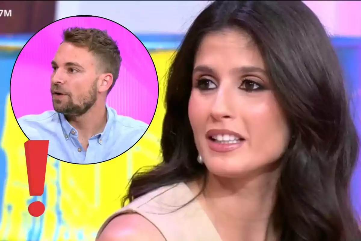 María ‘La Jerezana’ de cabello oscuro aparece en primer plano mientras José María Almoguera con barba y camisa azul se muestra en un círculo en la esquina superior izquierda sobre un fondo colorido con un signo de exclamación rojo.