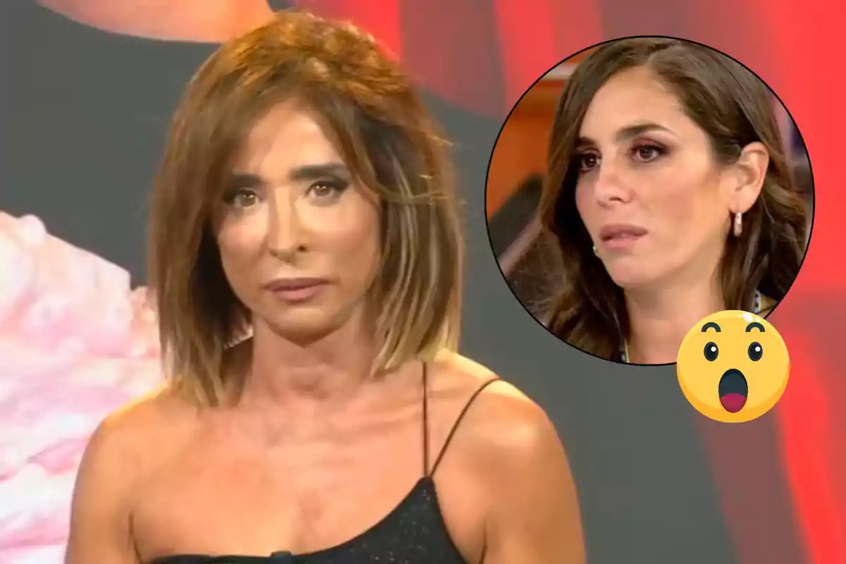 María Patiño con cabello castaño y expresión seria en un programa de televisión, con un recuadro que muestra a Anabel Pantoja con expresión sorprendida y un emoji de cara sorprendida.