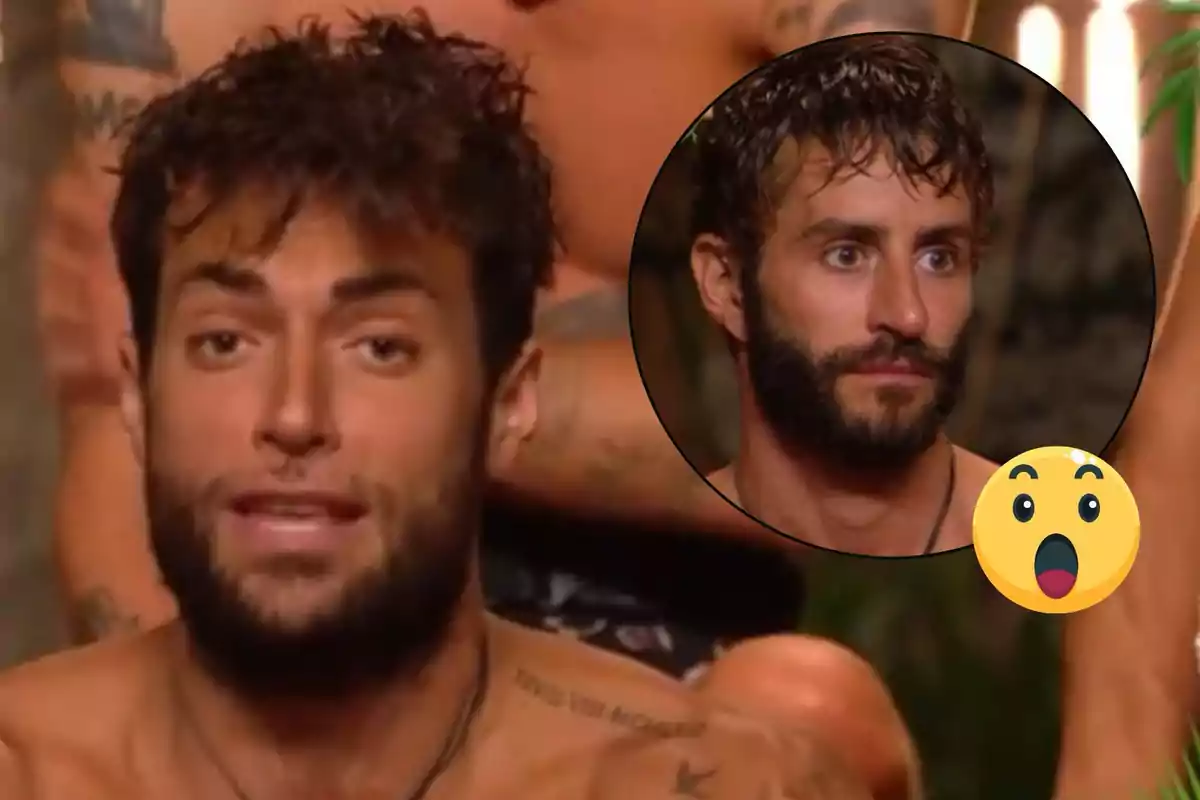 Montoya con barba y cabello rizado aparece en primer plano, mientras que en un recuadro circular se muestra otra imagen de Pelayo Díaz con una expresión diferente; hay un emoji sorprendido en la esquina inferior derecha.