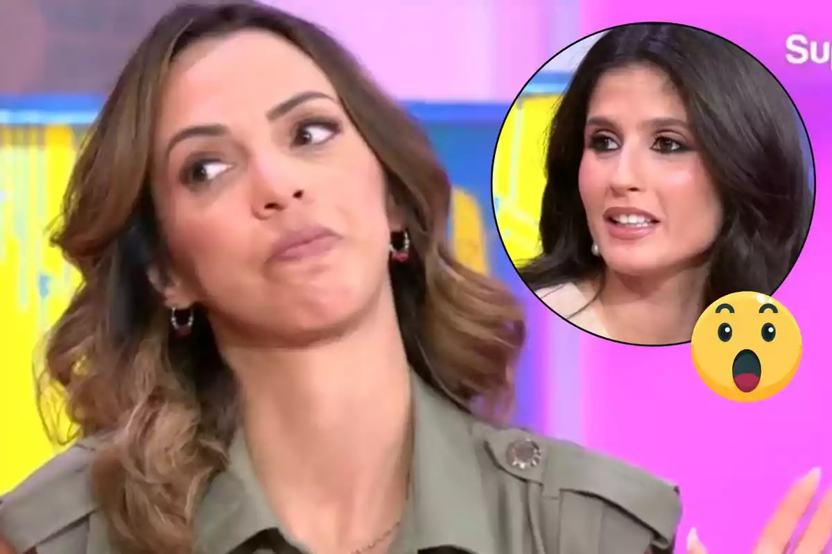 Paola Olmedo con expresión pensativa aparece en primer plano mientras María ‘La Jerezana’ es mostrada en un círculo en la esquina superior derecha junto a un emoji sorprendido sobre un fondo colorido.