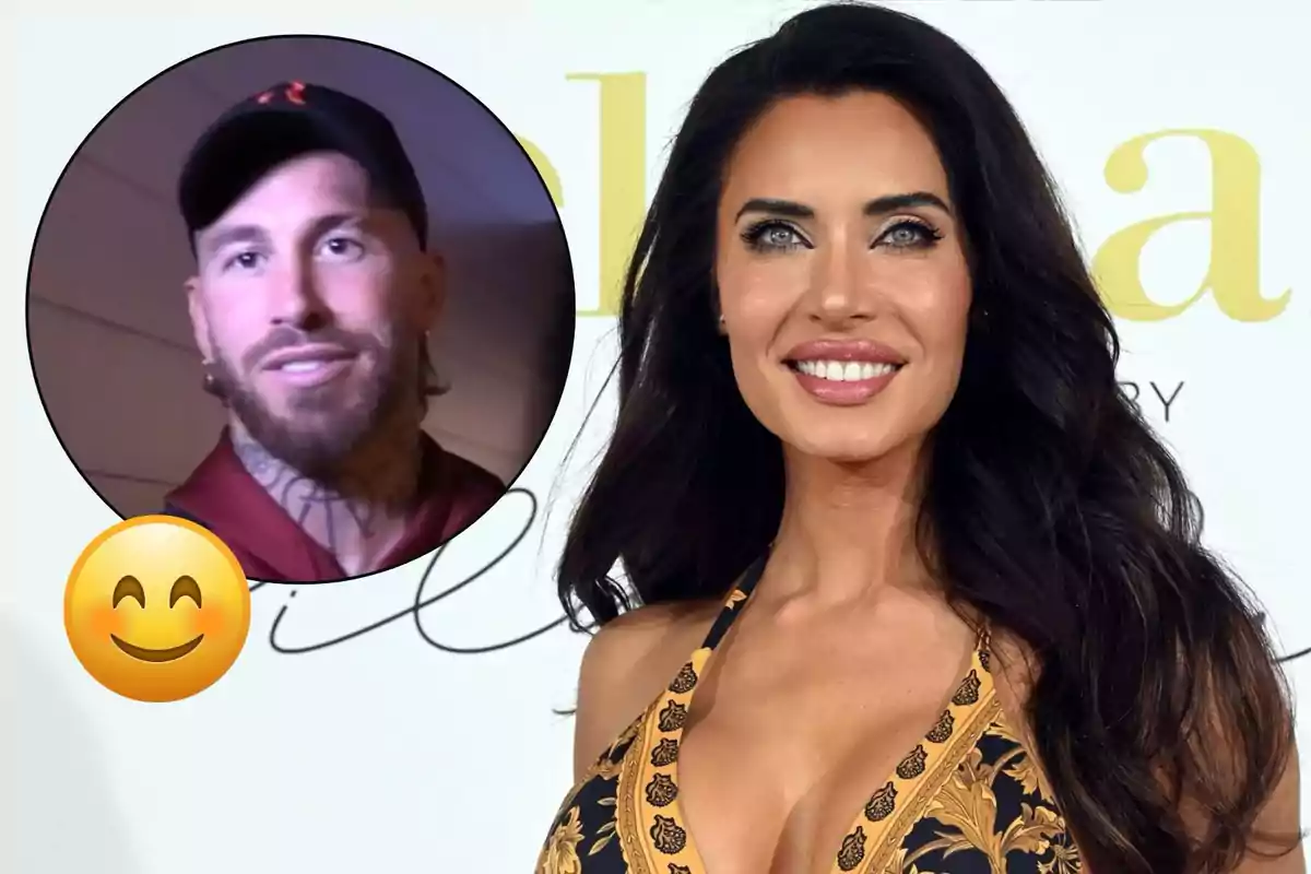 Pilar Rubio sonriente con cabello oscuro y un vestido con detalles dorados, junto a un círculo que muestra a Sergio Ramos con gorra y barba, acompañado de un emoji sonriente.