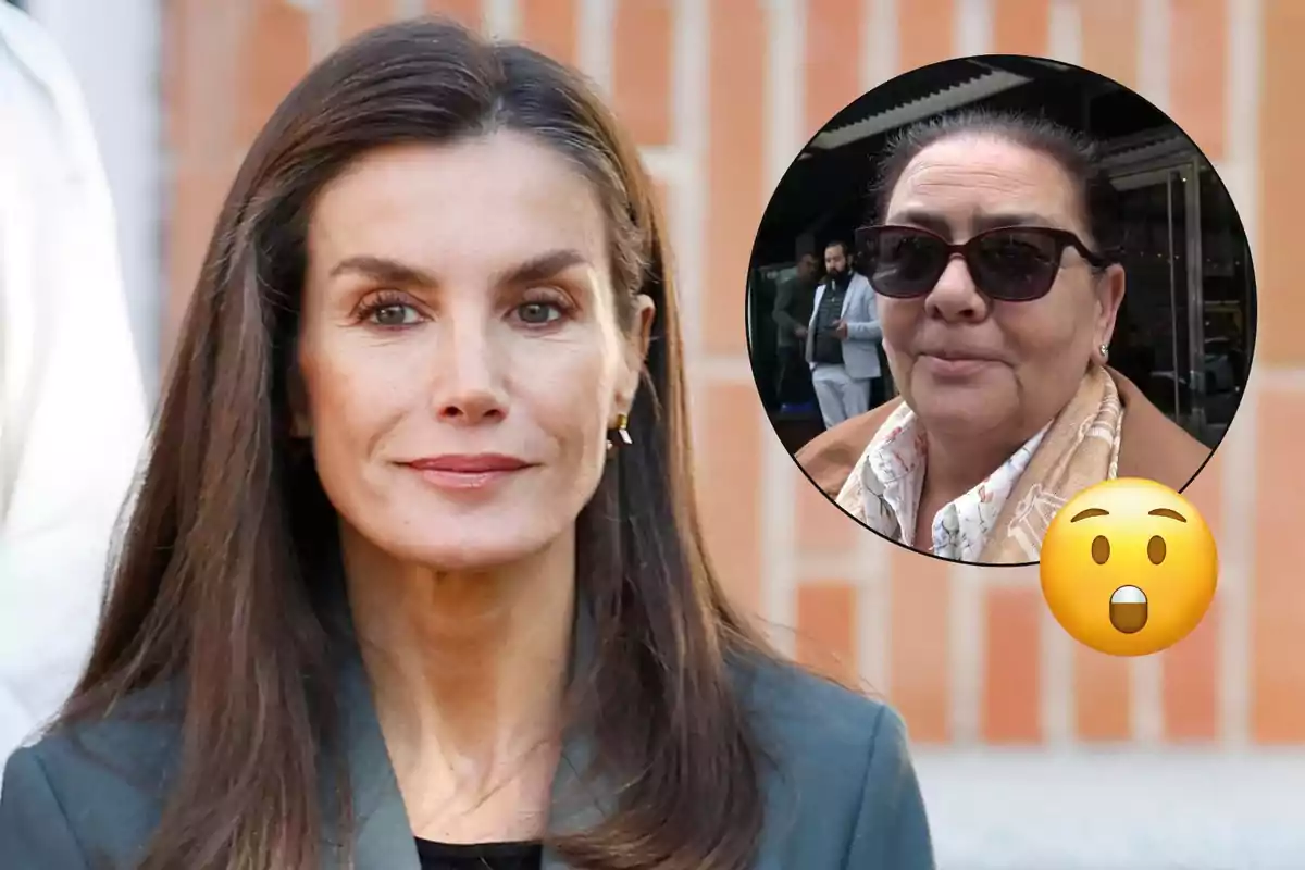 La reina Letizia con cabello oscuro y expresión seria aparece en primer plano mientras en un círculo se muestra a María del Monte con gafas de sol y un emoji sorprendido.