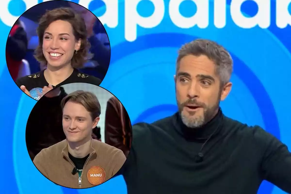 Roberto Leal con barba y suéter oscuro habla mientras Manu y Rosa sonríen en imágenes circulares superpuestas sobre un fondo azul con letras blancas.
