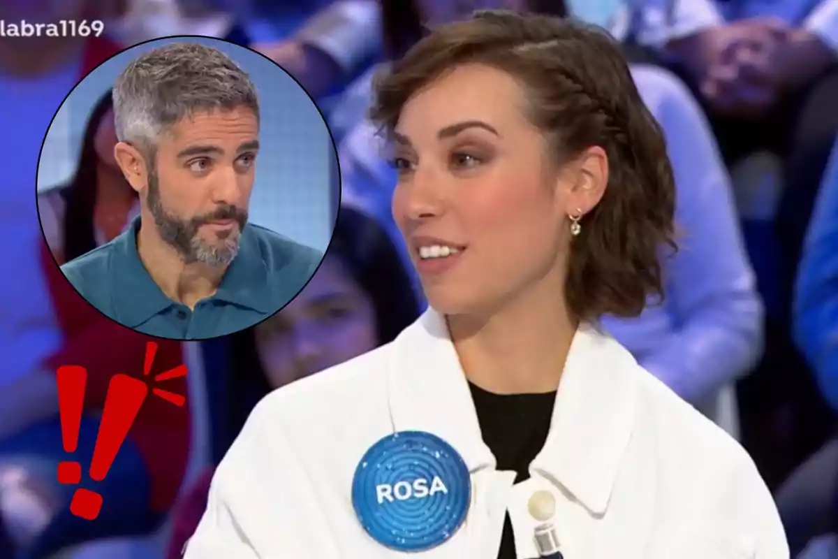 Rosa con una chaqueta blanca y un distintivo que dice "Rosa" aparece en un programa de televisión, mientras Roberto Leal con barba y cabello canoso es mostrado en un recuadro.