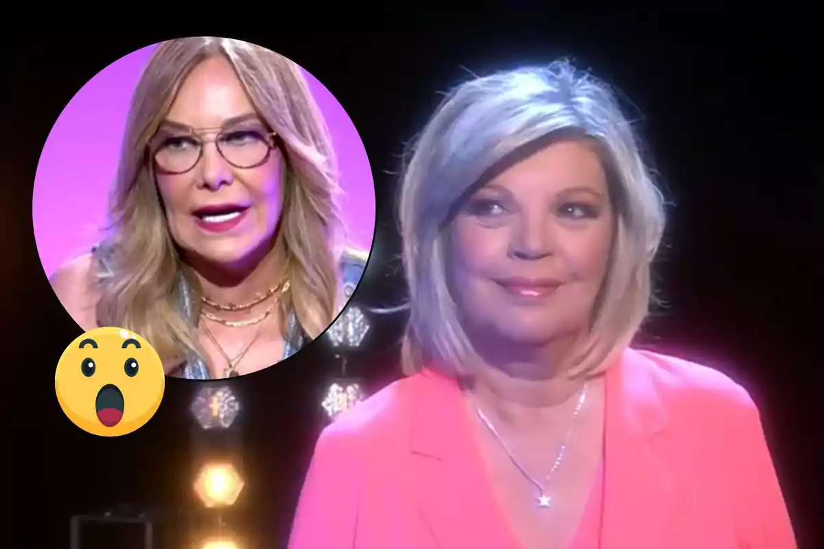 Terelu Campos con cabello rubio y chaqueta rosa aparece en un escenario iluminado, mientras en un recuadro se muestra a Belén Rodríguez con gafas y cabello suelto, junto a un emoji sorprendido.