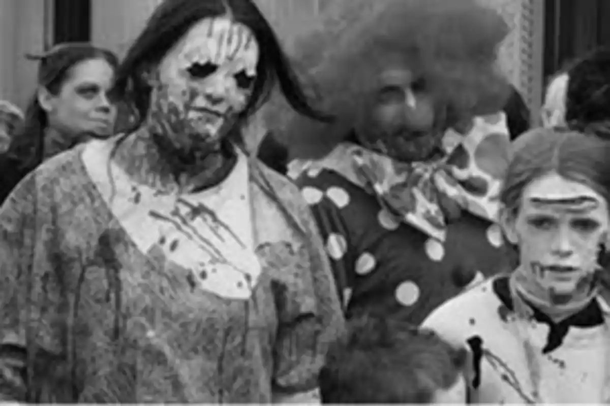 Personas disfrazadas de zombis y payaso en un evento temático de terror.