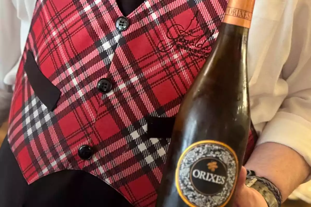 Persona con chaleco de cuadros rojos sosteniendo una botella de vino con etiqueta Persona con chaleco de cuadros rojos sosteniendo una botella de vino con etiqueta