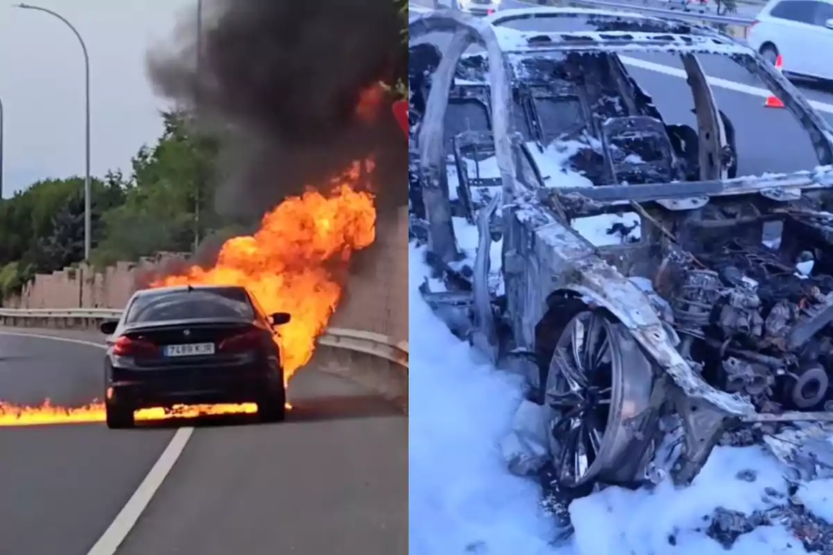 Un coche en llamas en una carretera y el mismo coche completamente quemado después del incendio.