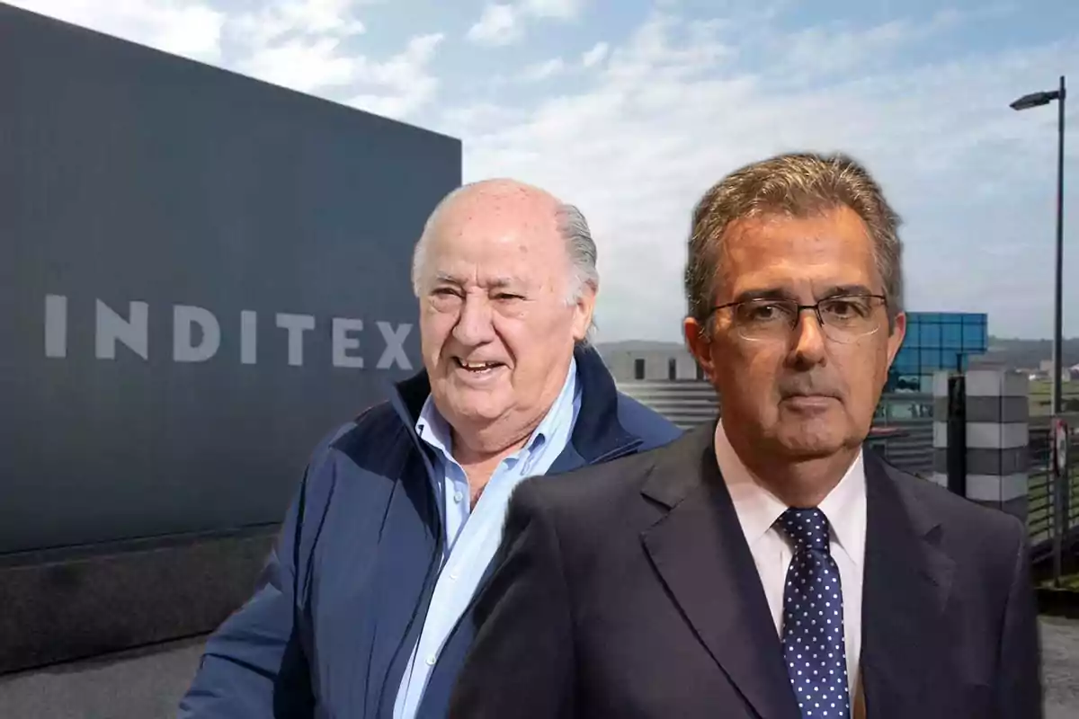 Dos hombres de traje y chaqueta posan frente a un edificio con el logo de Inditex al fondo en un día soleado.
