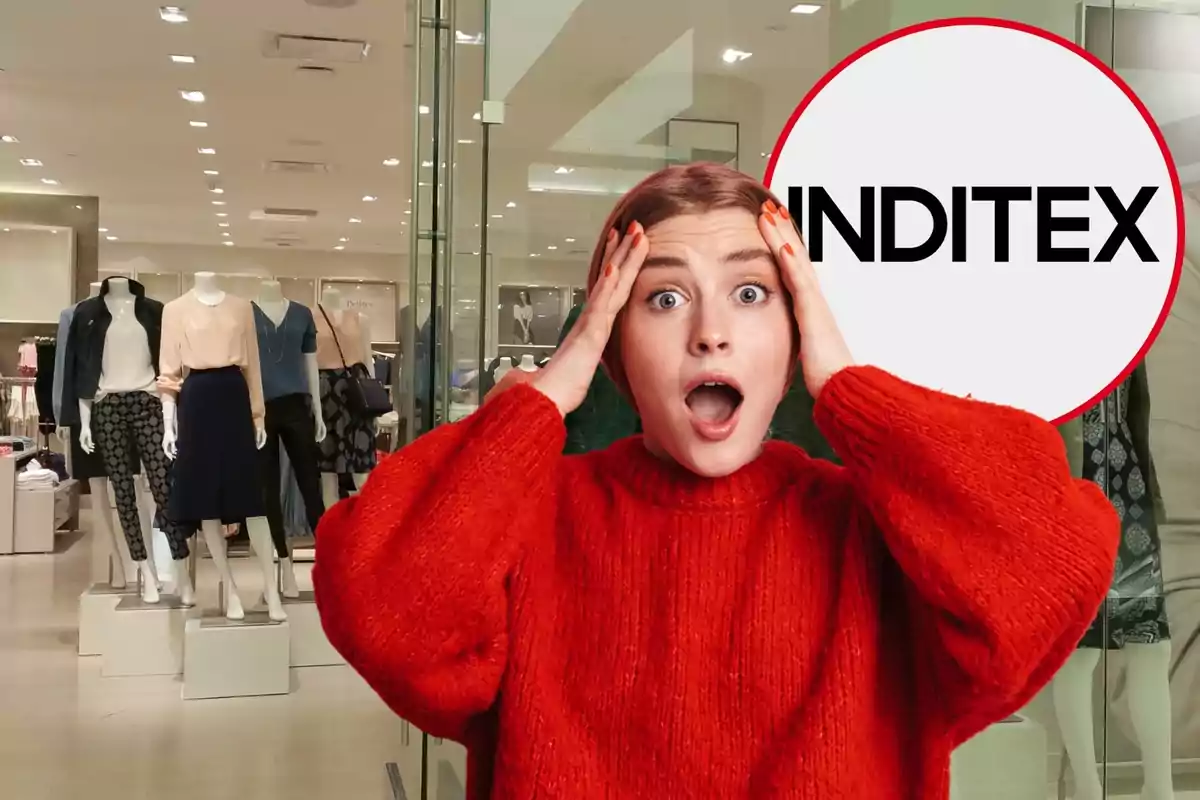 Una mujer con suéter rojo se muestra sorprendida frente a una tienda de ropa con maniquíes, junto a un logotipo de Inditex.