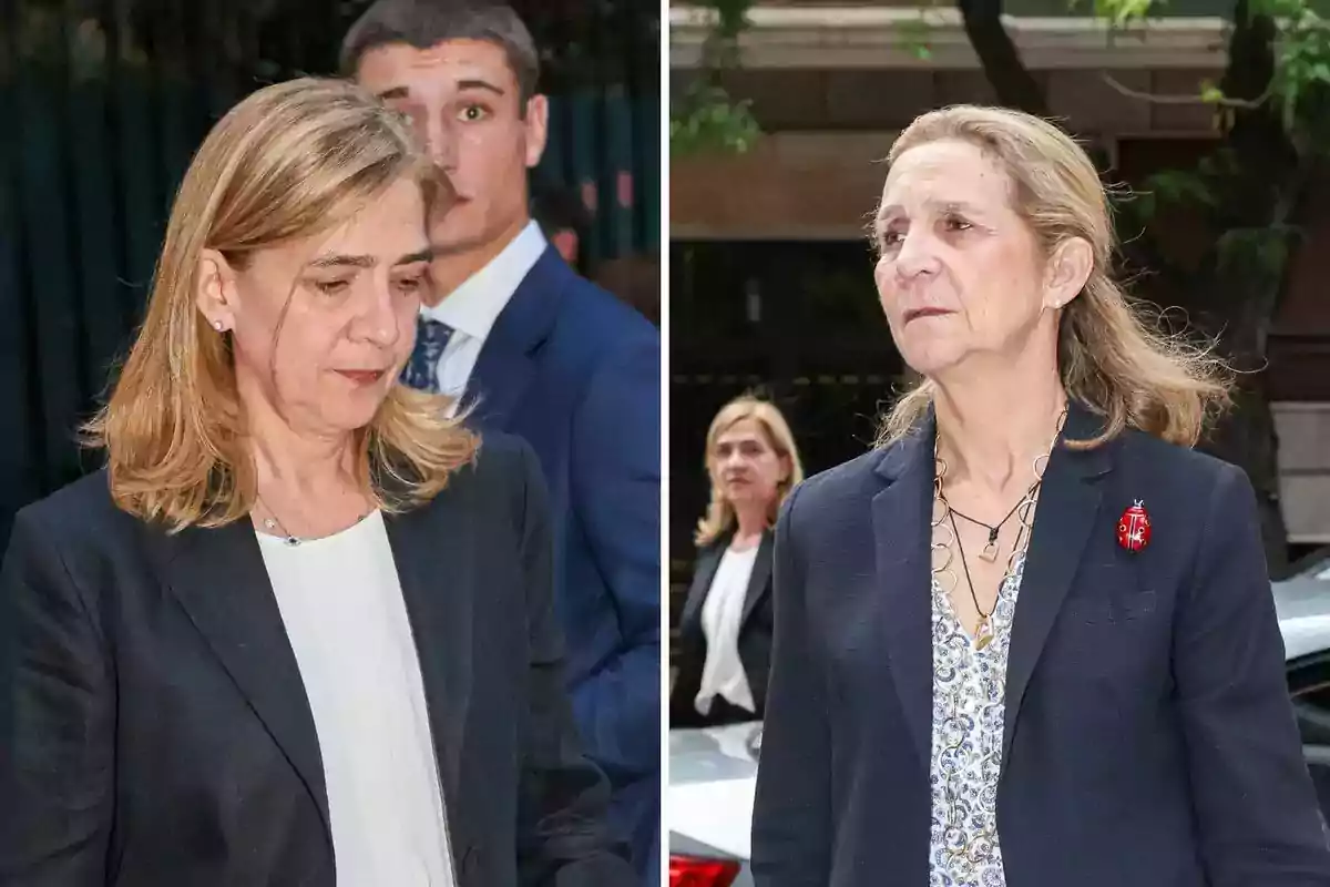 Dos mujeres con cabello rubio y vestimenta formal, una con una chaqueta negra y la otra con una chaqueta azul y un broche de mariquita, ambas en un entorno urbano.