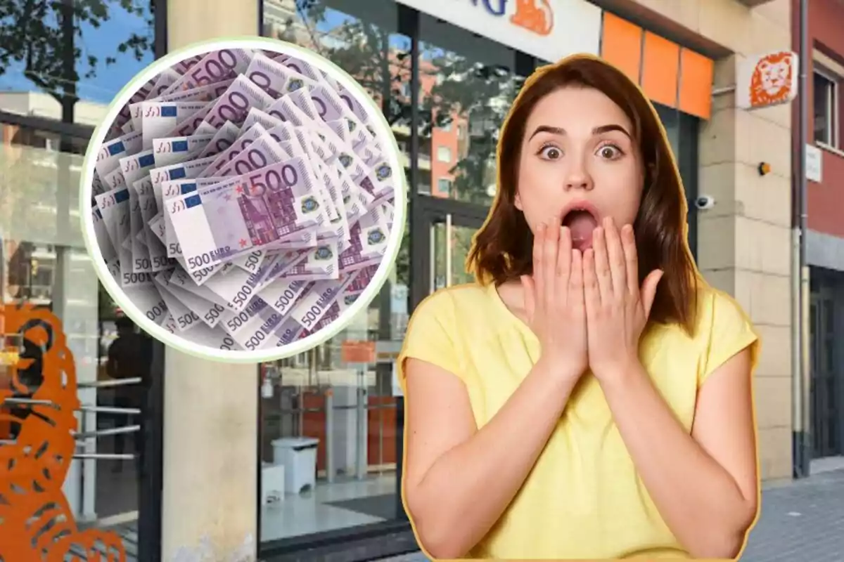 Una mujer con expresión de sorpresa frente a un banco, con una imagen de billetes de 500 euros superpuesta.