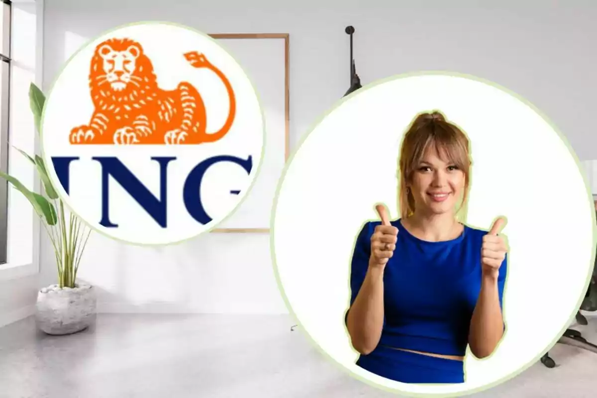 Una mujer sonriente con pulgares hacia arriba junto al logotipo de ING en un entorno de oficina moderna.