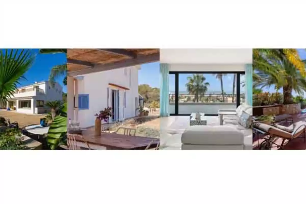 Casa moderna con jardín, terraza al aire libre, sala de estar con vista al mar y área de descanso con palmeras.