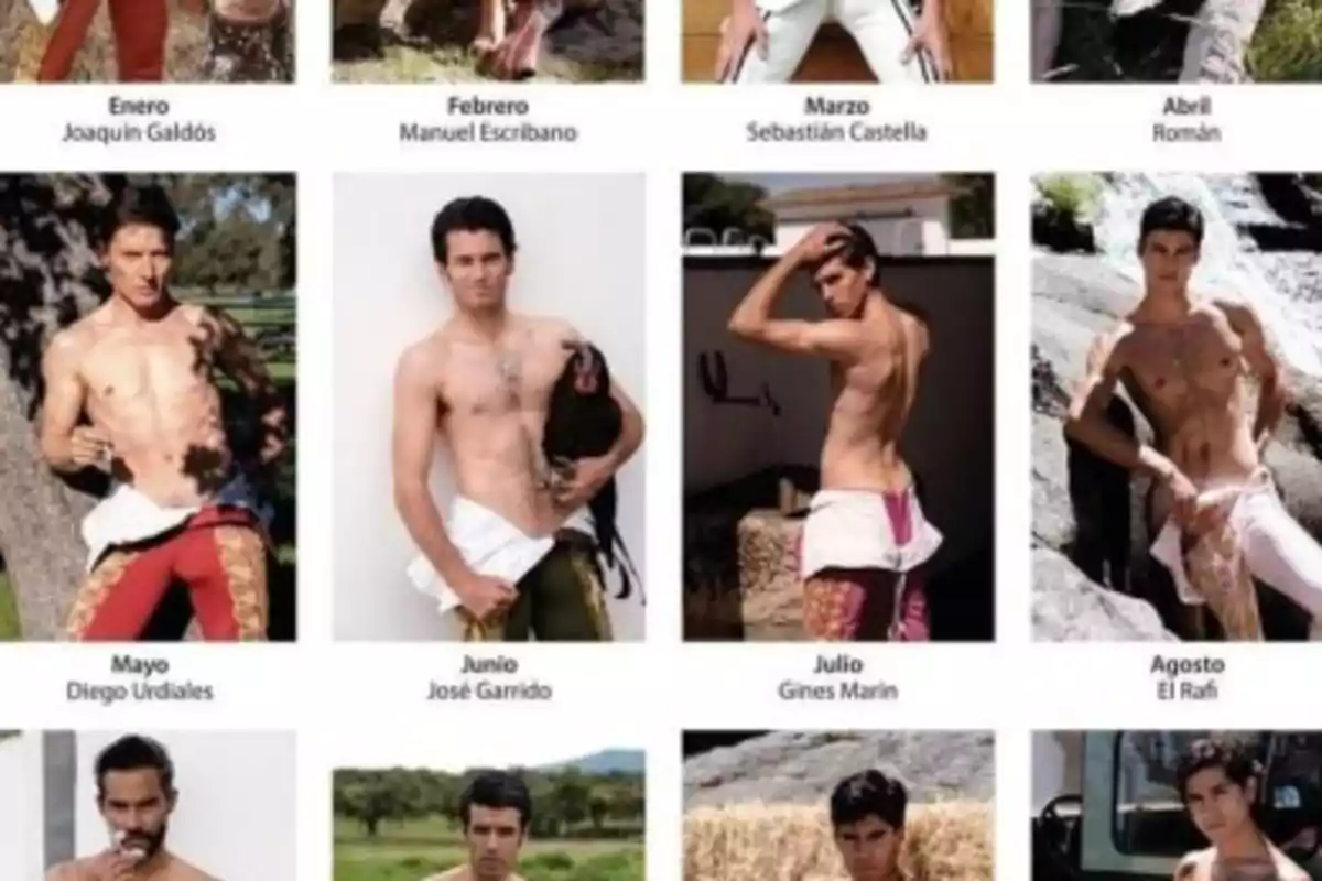 Imagen de un calendario que muestra a varios hombres posando sin camisa, cada uno representando un mes del año.