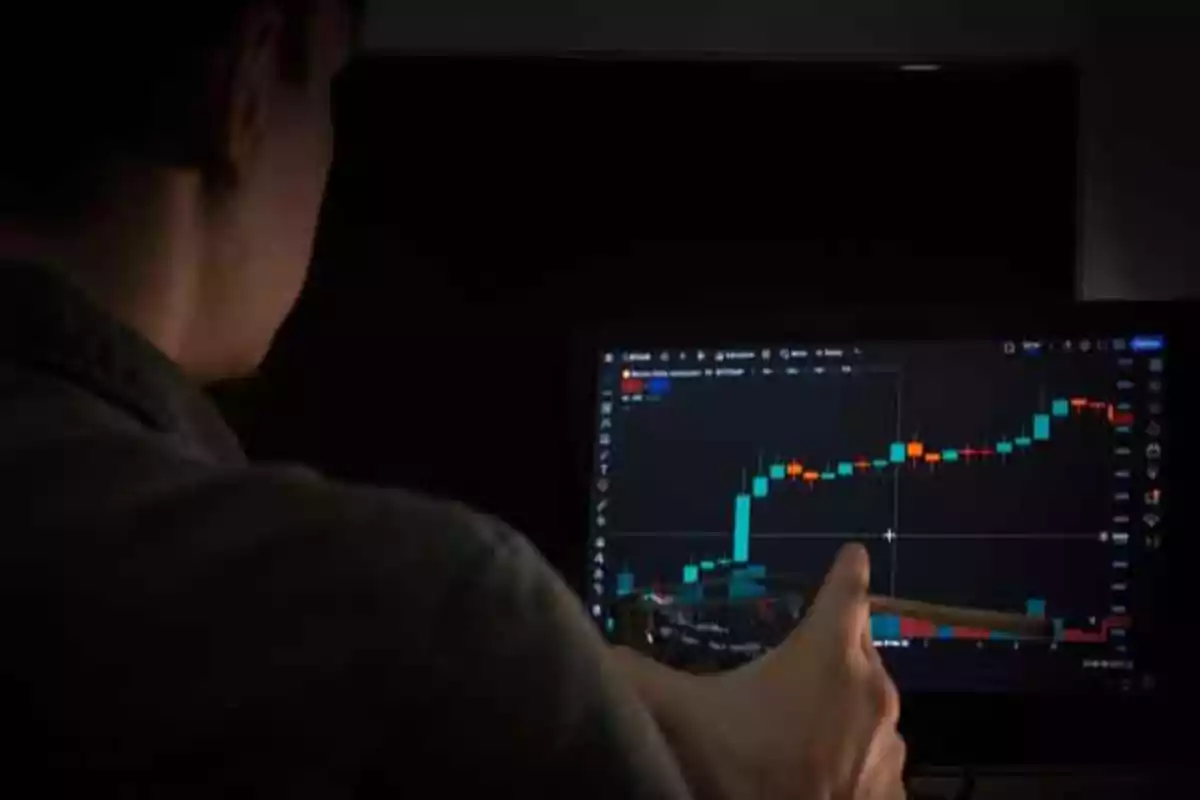 Persona observando un gráfico de velas en una pantalla de computadora.