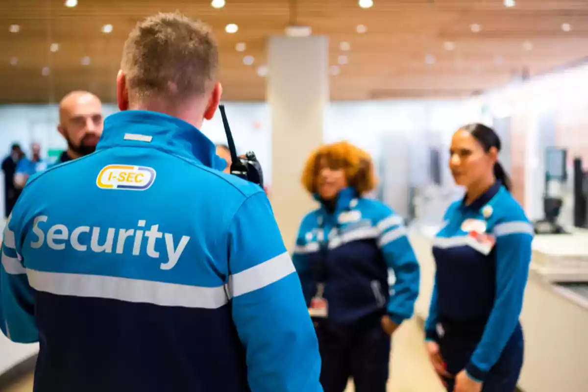 Personal de seguridad con uniformes azules conversando en el interior de un edificio moderno Personal de seguridad con uniformes azules conversando en el interior de un edificio moderno