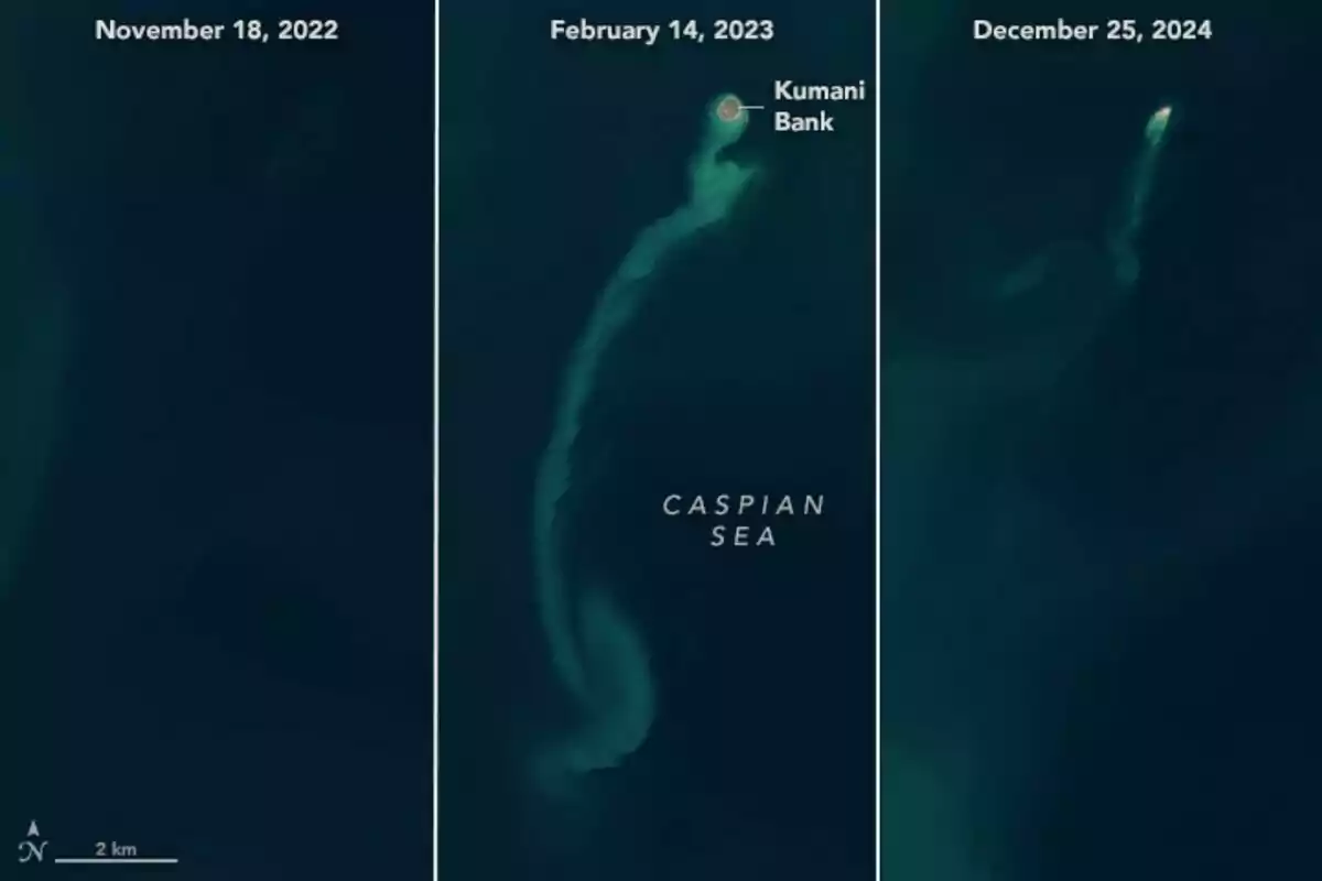 Three satellite images of the Caspian Sea showing changes in the formation of Kumani Bank between November 2022 and December 2024.