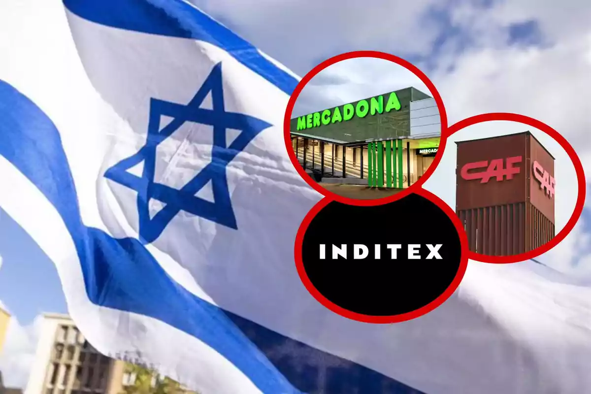 Bandera de Israel ondeando con los logotipos de Mercadona, Inditex y CAF en círculos superpuestos. Bandera de Israel ondeando con los logotipos de Mercadona, Inditex y CAF en círculos superpuestos.
