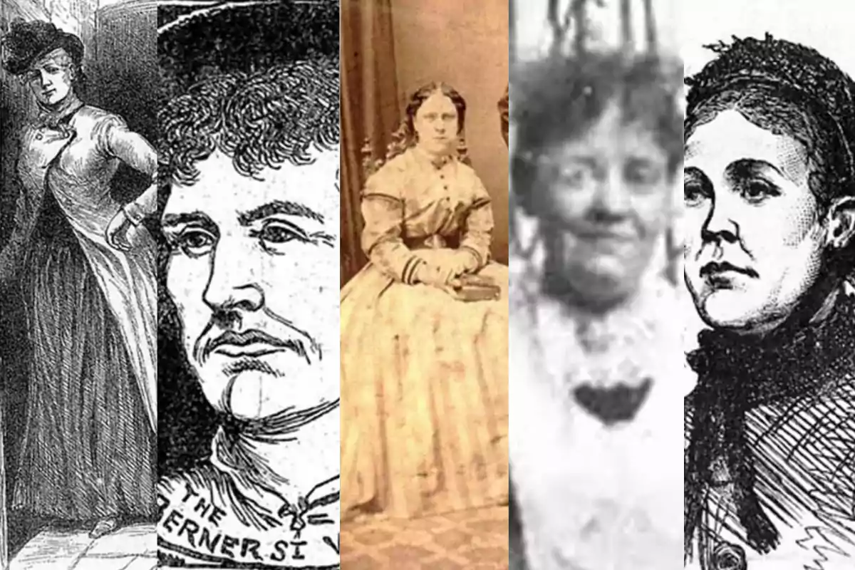 Una imagen compuesta por retratos y dibujos de varias mujeres de época, cada una con un estilo de vestimenta diferente. Una imagen compuesta por retratos y dibujos de varias mujeres de época, cada una con un estilo de vestimenta diferente.