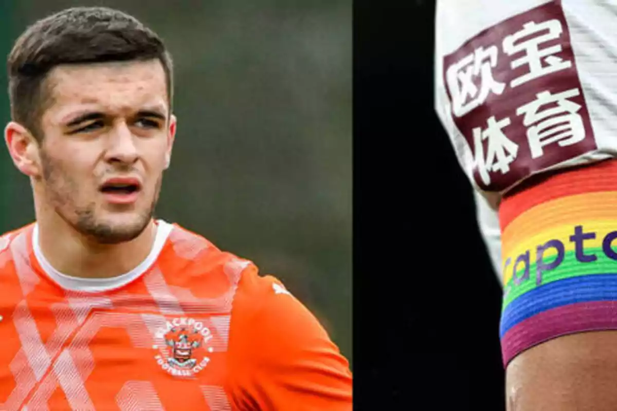 Un jugador de fútbol con camiseta naranja y un brazalete de capitán con los colores del arcoíris.