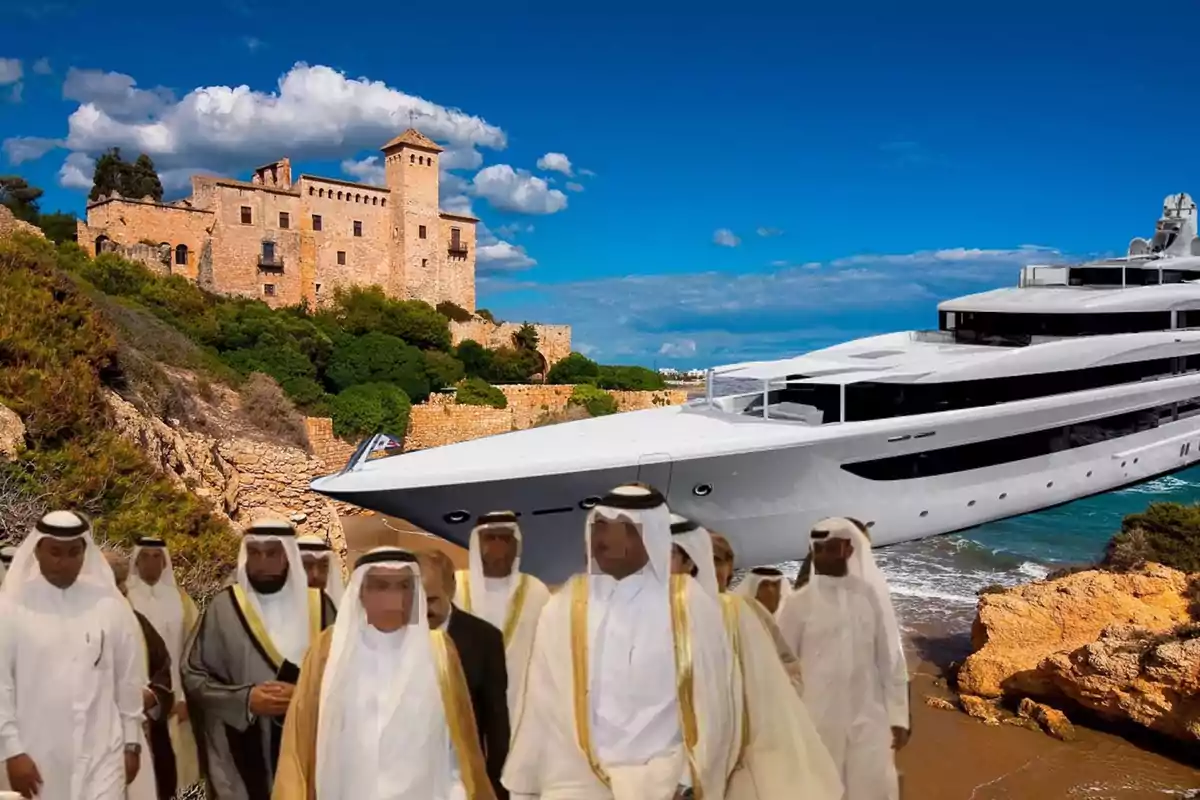 A group of people in traditional Arab clothing walks along a beach where there is a large white yacht and an ancient castle in the background under a blue sky with clouds.
