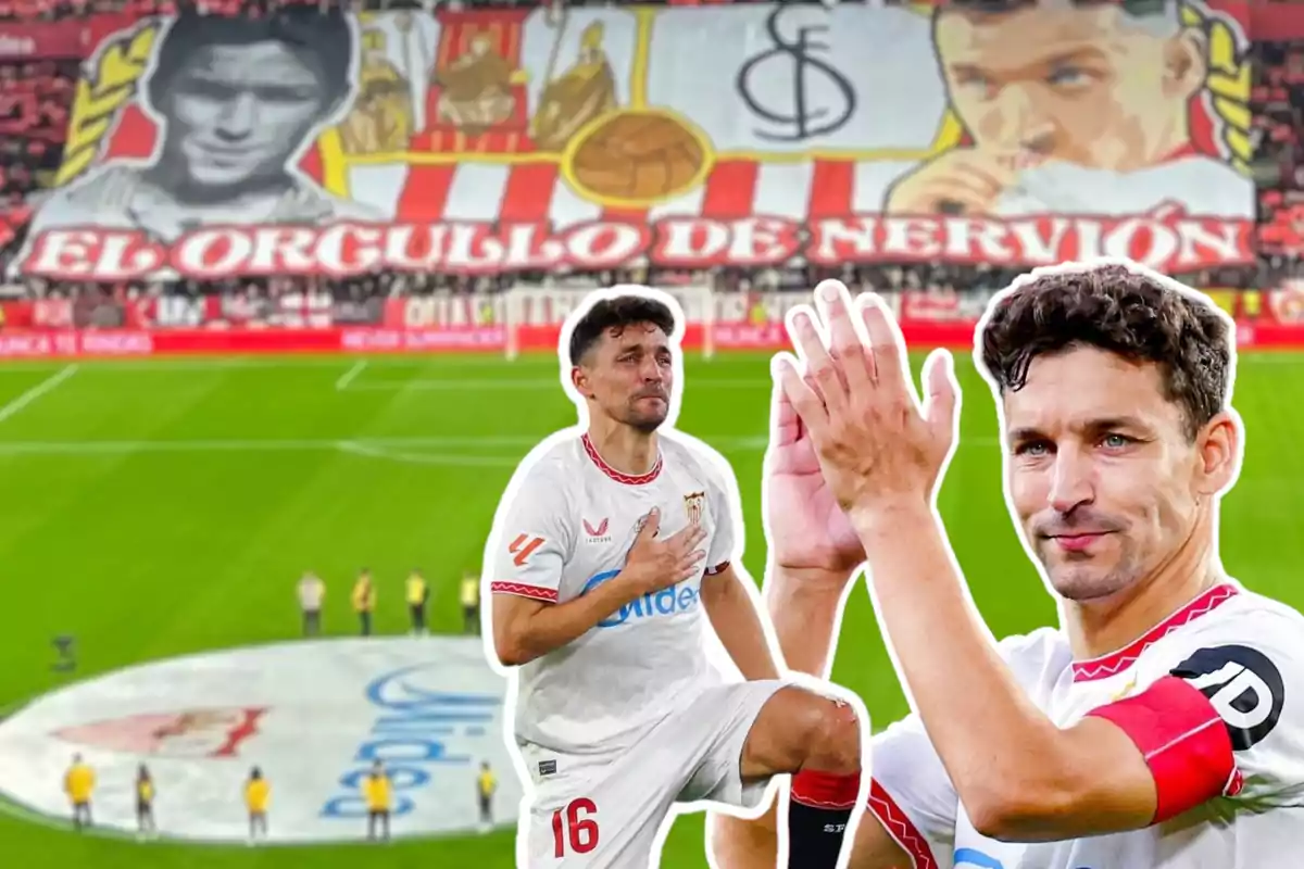 Un futbolista del Sevilla FC aplaude y se arrodilla en el campo mientras de fondo se ve un gran tifo con la frase "El orgullo de Nervión" en el estadio.