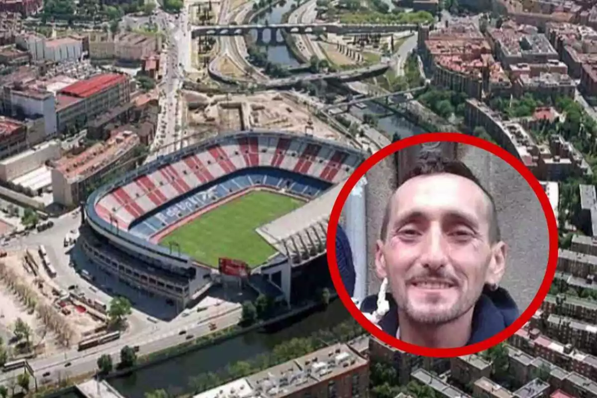 Vista aérea de un estadio de fútbol rodeado de edificios y un río, con un recuadro rojo que muestra el rostro de una persona sonriente.