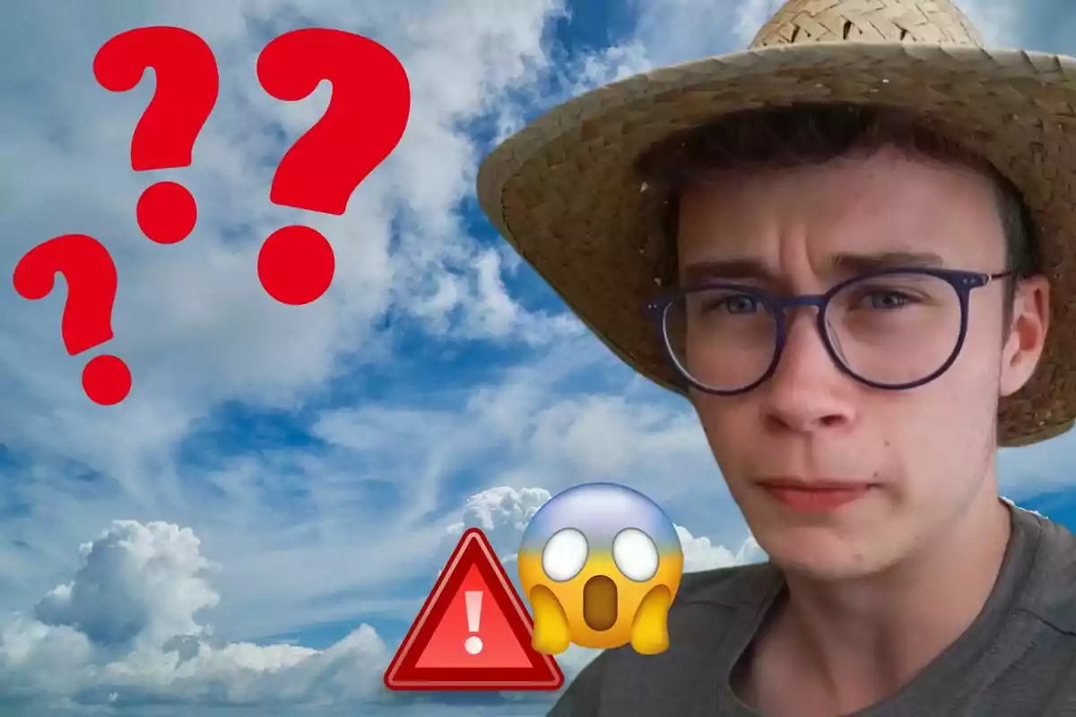 Persona con sombrero de paja y gafas, con expresiones de sorpresa y signos de interrogación rojos sobre un cielo azul con nubes.