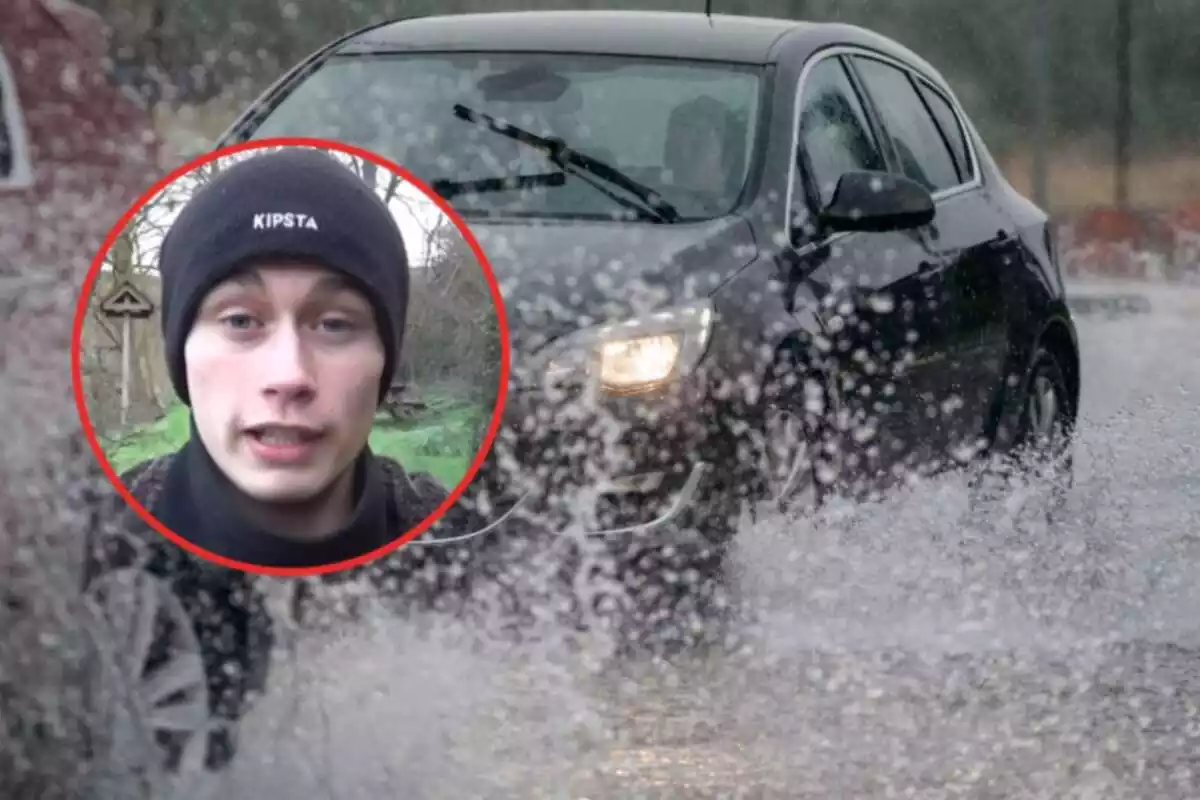 Montaje con Jorge Rey y un coche atravesando un gran charco de agua