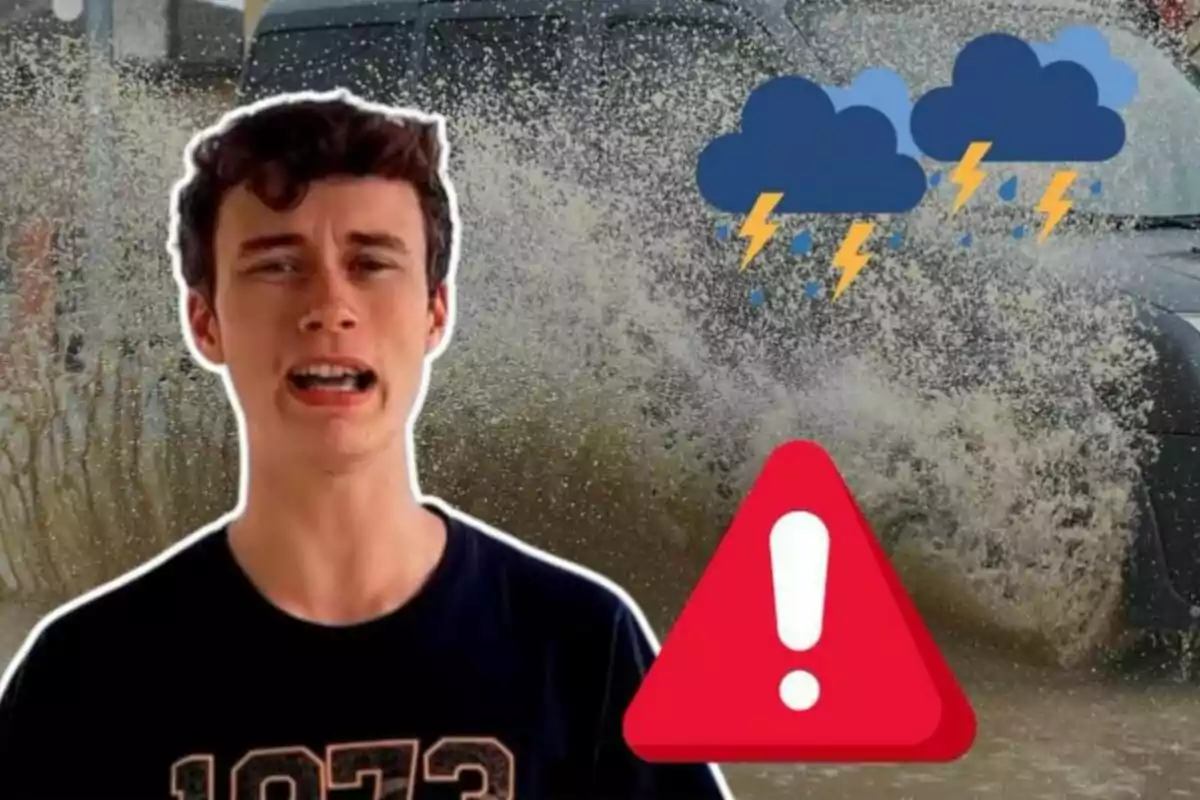 Un joven con expresión de preocupación frente a un fondo de agua salpicando, con iconos de nubes de tormenta y un símbolo de advertencia.