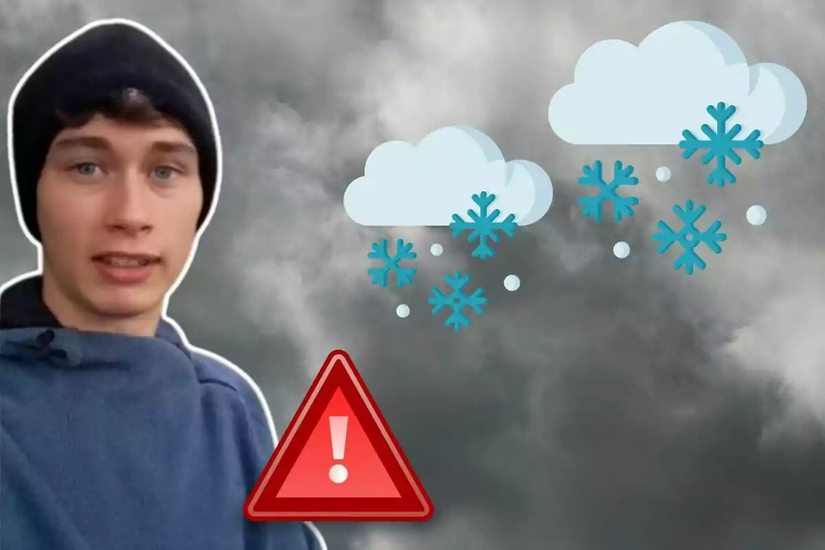 Un joven con gorro negro y suéter azul aparece en la imagen, acompañado de iconos de nubes con copos de nieve y un símbolo de advertencia, con un fondo de cielo nublado.