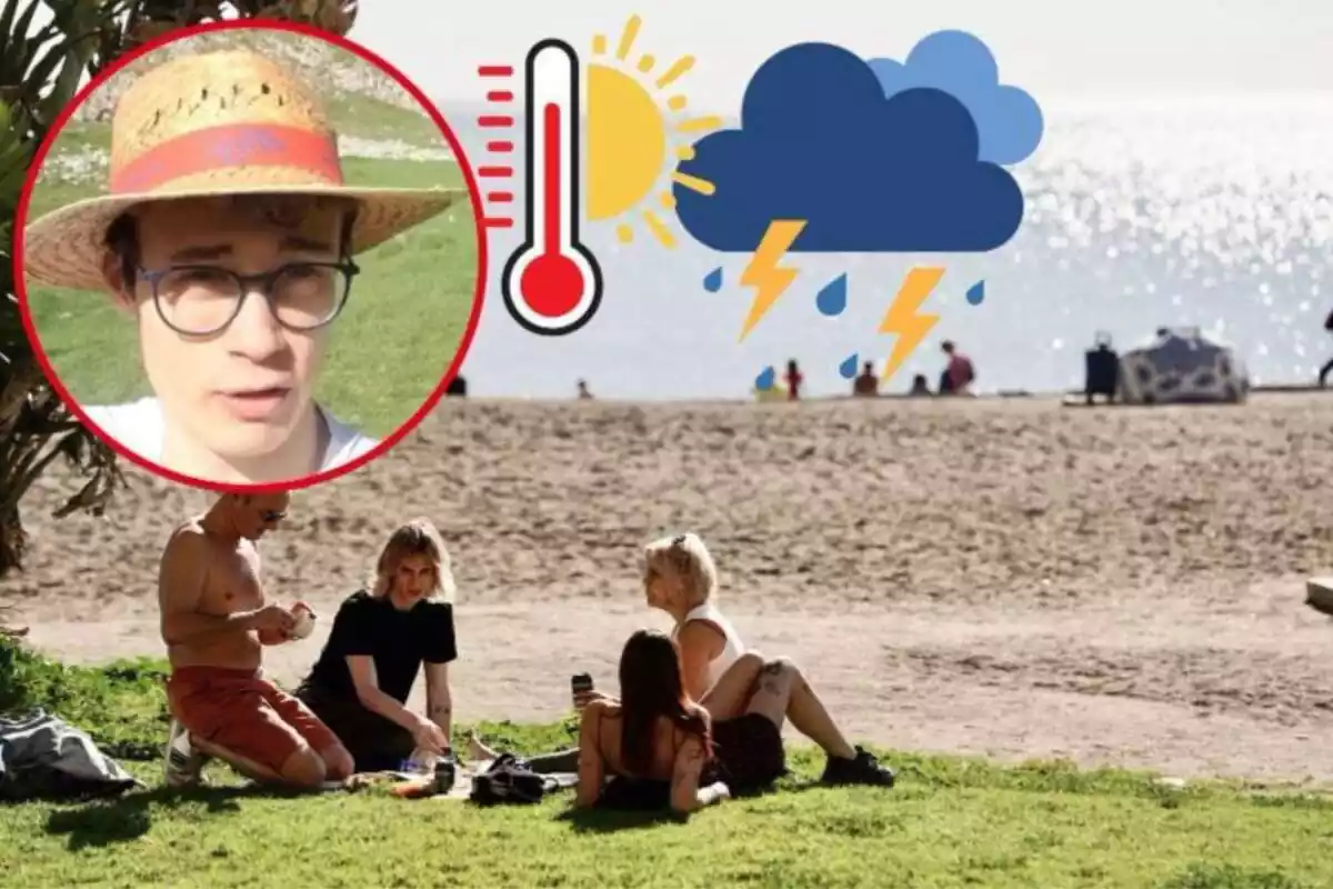 Imagen de fondo de varias personas en la playa de la Malagueta en un día de calor de primavera y otra imagen de Jorge Rey en uno de sus vídeos, además de dos emoticonos, de termómetro marcando calor y de tormentas Imagen de fondo de varias personas en la playa de la Malagueta en un día de calor de primavera y otra imagen de Jorge Rey en uno de sus vídeos, además de dos emoticonos, de termómetro marcando calor y de tormentas