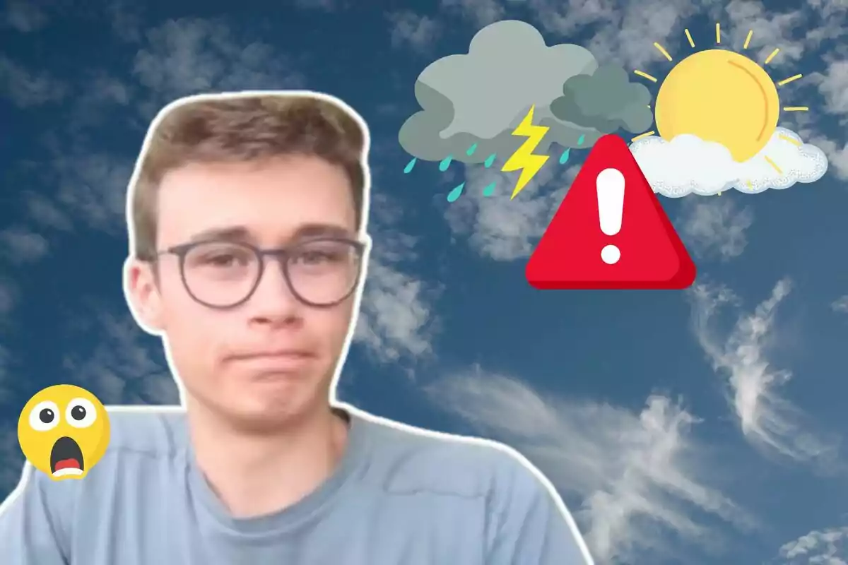Un hombre con gafas y expresión de preocupación, junto a un emoji sorprendido, un icono de advertencia y símbolos de clima soleado y tormentoso en el cielo.