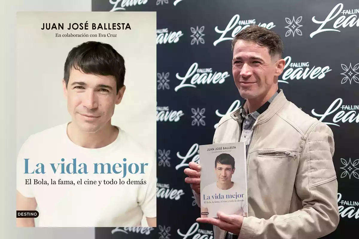 Hombre sosteniendo un libro titulado "La vida mejor" de Juan José Ballesta en un evento con fondo de logotipos de "Falling Leaves".