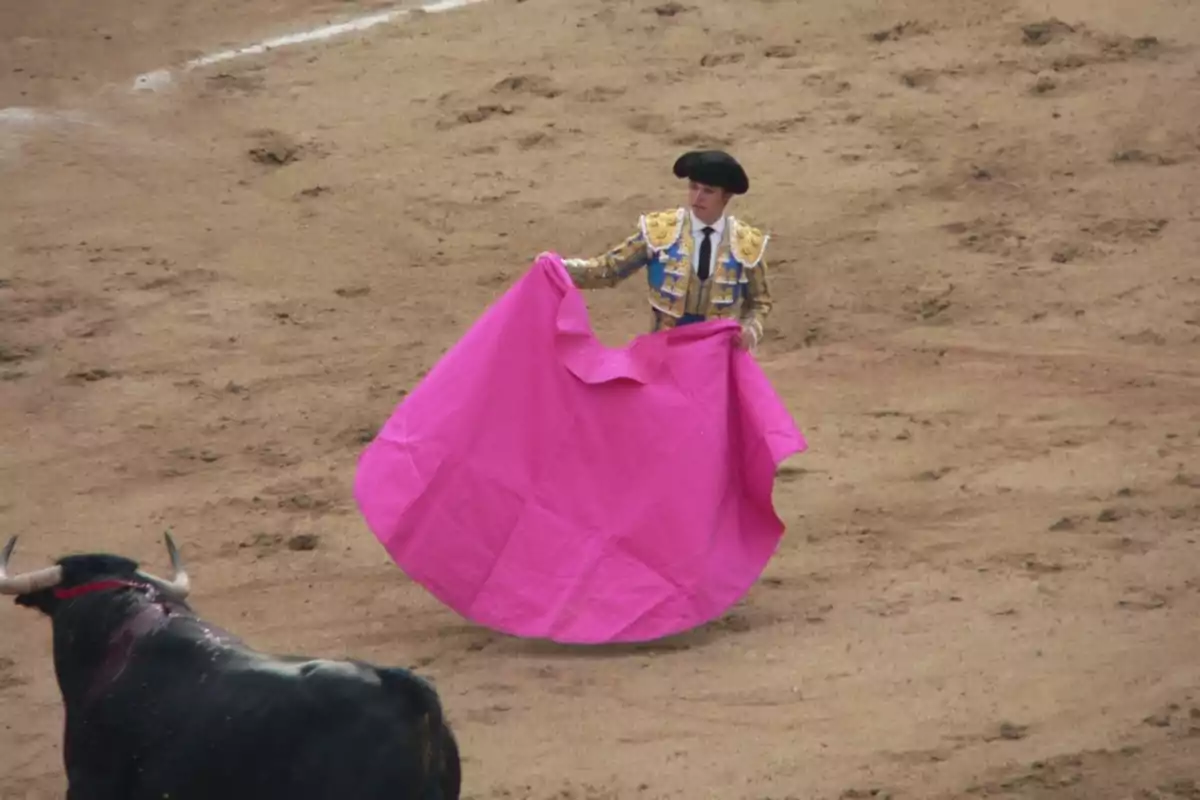 Un torero en la plaza de toros sosteniendo un capote rosa mientras un toro se aproxima.