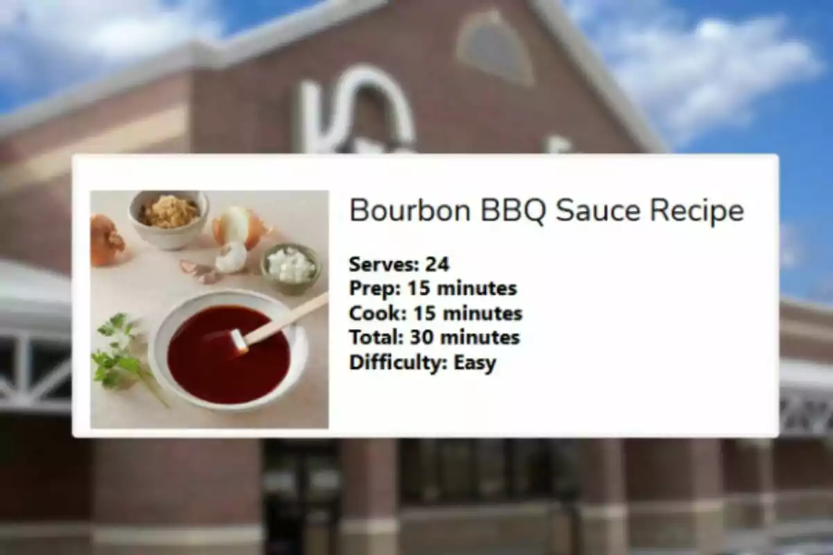 Receta de salsa BBQ bourbon con ingredientes como cebolla, ajo y azúcar morena junto a un tazón de salsa y una brocha, además de información sobre porciones, tiempo de preparación y dificultad fácil Receta de salsa BBQ bourbon con ingredientes como cebolla, ajo y azúcar morena junto a un tazón de salsa y una brocha, además de información sobre porciones, tiempo de preparación y dificultad fácil