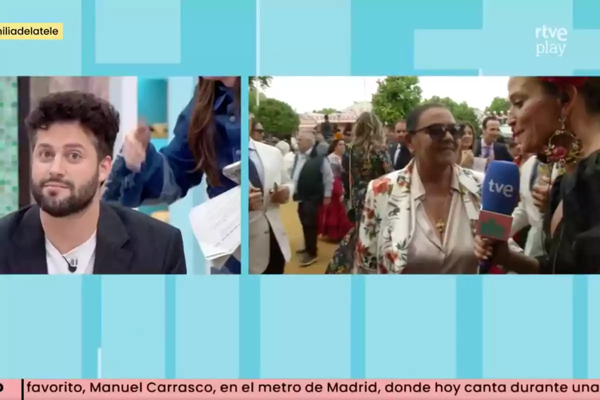 En la imagen se observa un programa de televisión dividido en dos partes, a la izquierda un hombre con barba y expresión curiosa, a la derecha una reportera entrevistando a María del Monte con gafas de sol en un evento al aire libre, con personas de fondo y un micrófono de TVE, en la parte inferior hay una franja con texto en movimiento. Captura de 'La Familia de la Tele' En la imagen se observa un programa de televisión dividido en dos partes, a la izquierda un hombre con barba y expresión curiosa, a la derecha una reportera entrevistando a María del Monte con gafas de sol en un evento al aire libre, con personas de fondo y un micrófono de TVE, en la parte inferior hay una franja con texto en movimiento. Captura de 'La Familia de la Tele'