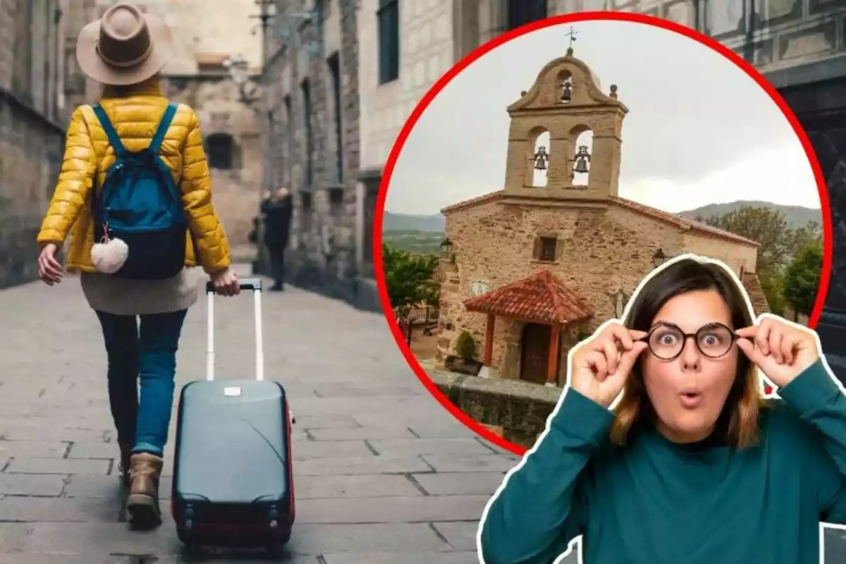 Una persona con sombrero y chaqueta amarilla camina por una calle empedrada con una maleta mientras en un círculo rojo se muestra una iglesia de piedra y una mujer con gafas hace un gesto de sorpresa.