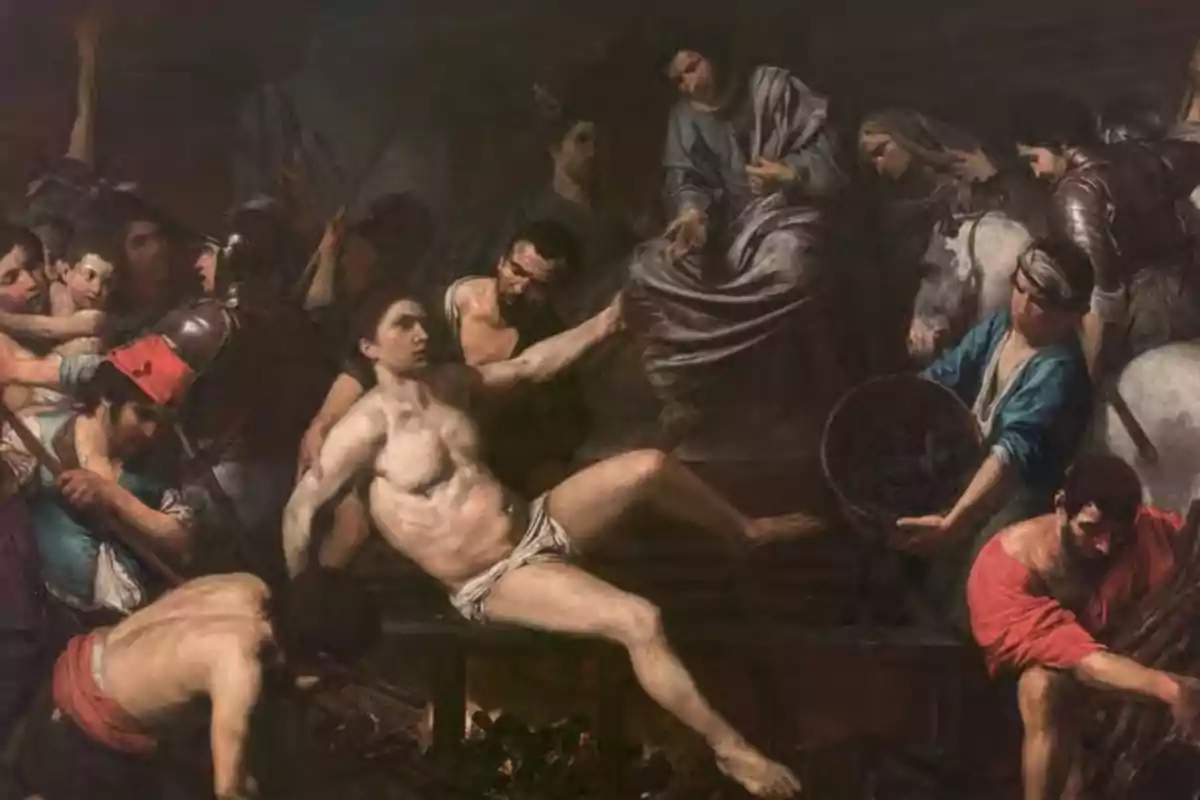 Una pintura que muestra una escena dramática con varias figuras humanas, algunas de las cuales parecen estar en conflicto o en un acto de violencia, mientras otras observan o participan en la acción.