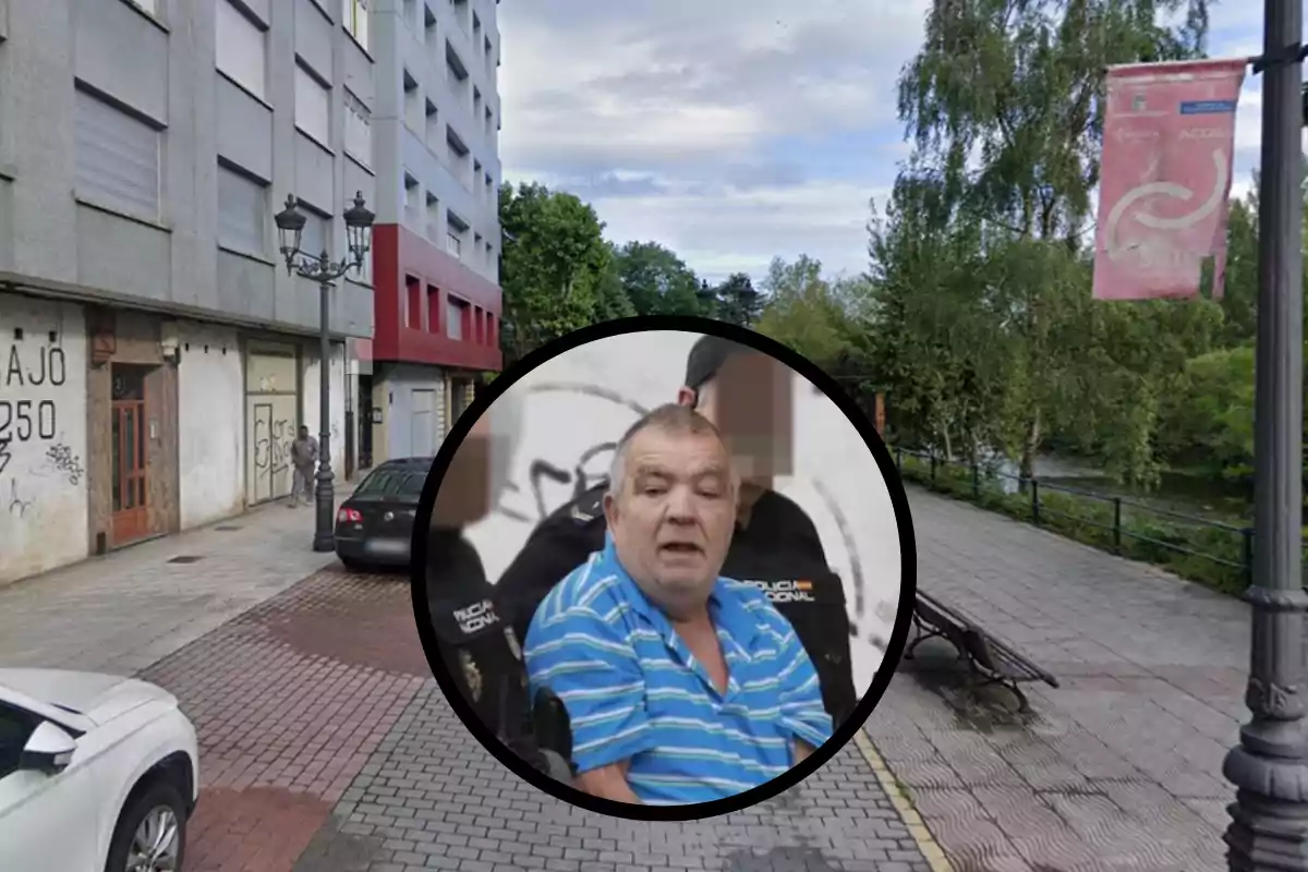 Un hombre en silla de ruedas con camisa a rayas azules y blancas está en un círculo superpuesto sobre una calle con edificios y árboles.