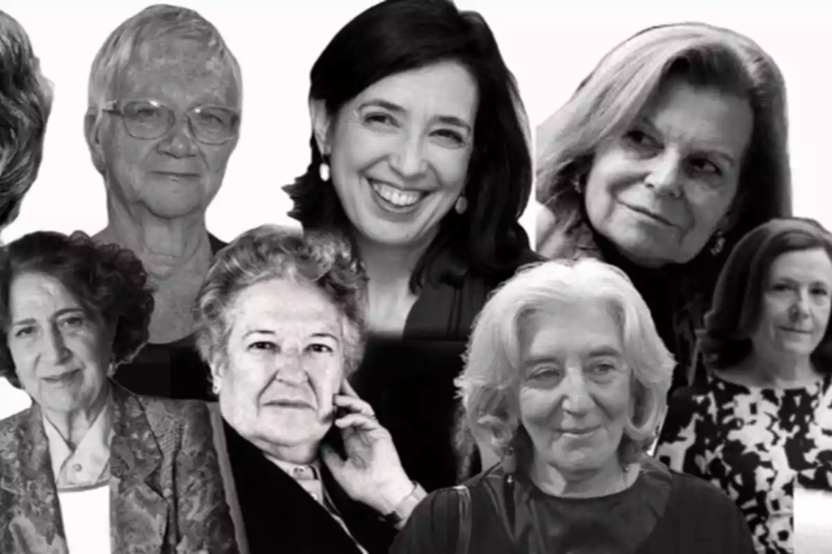 Un collage en blanco y negro de varias mujeres de diferentes edades, todas mirando en diferentes direcciones y con expresiones faciales variadas.