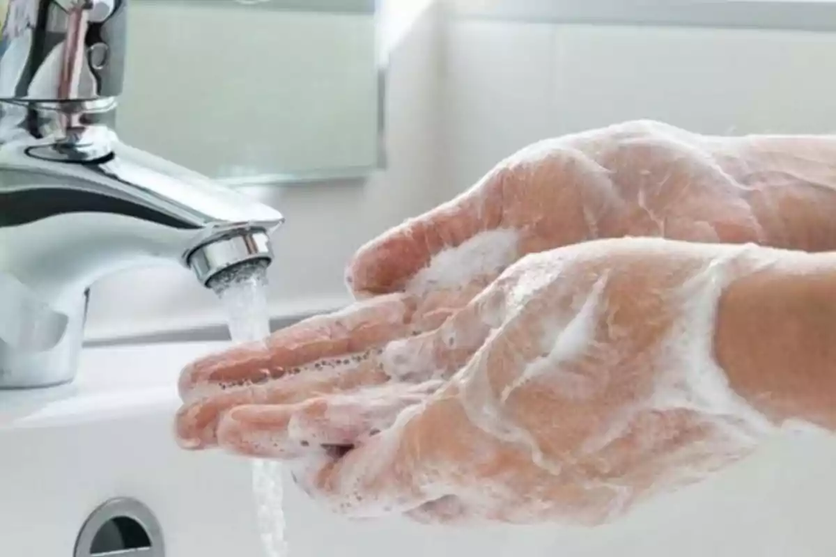 Persona lavándose las manos con jabón bajo un grifo de agua.