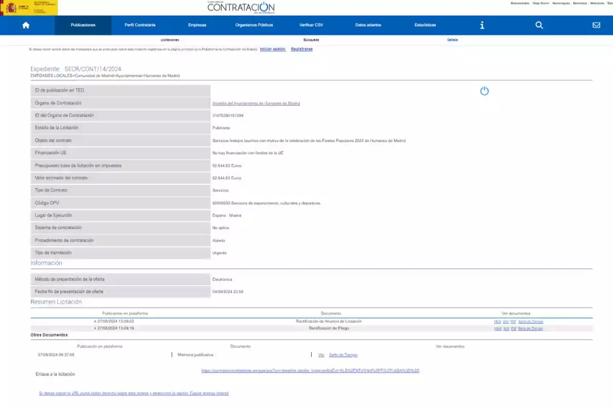 La imagen muestra una página web del Portal de Contratación del Estado de España, específicamente una licitación del Ayuntamiento de Humanes de Madrid. La licitación tiene el ID SECR/CONT/14/2024 y está destinada a la contratación de servicios festivos taurinos para las Fiestas Populares 2024 de Humanes de Madrid. El presupuesto base de licitación es de 62,464.63 euros y el valor estimado del contrato es el mismo. La licitación está en estado 