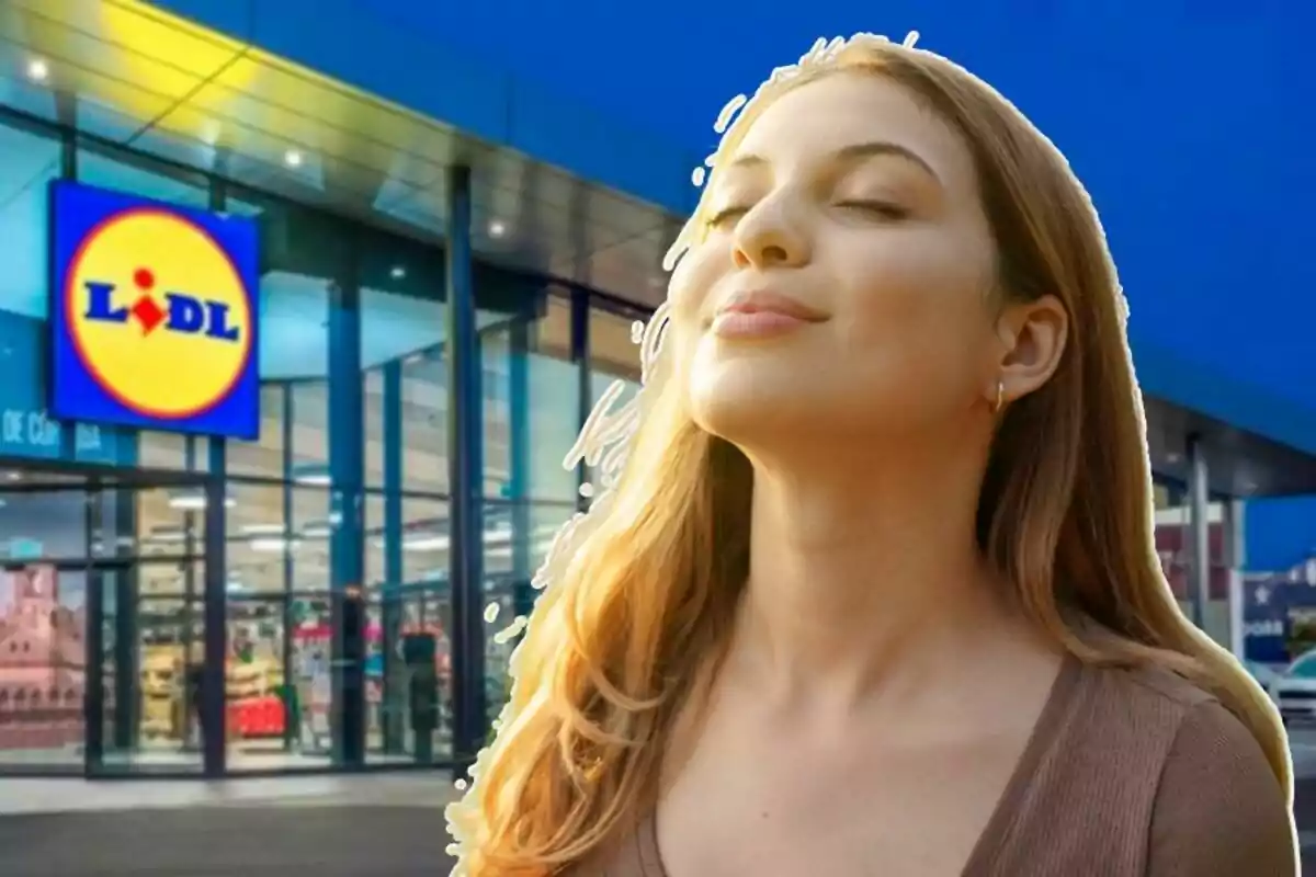 Una mujer con los ojos cerrados y expresión de tranquilidad está frente a una tienda Lidl.