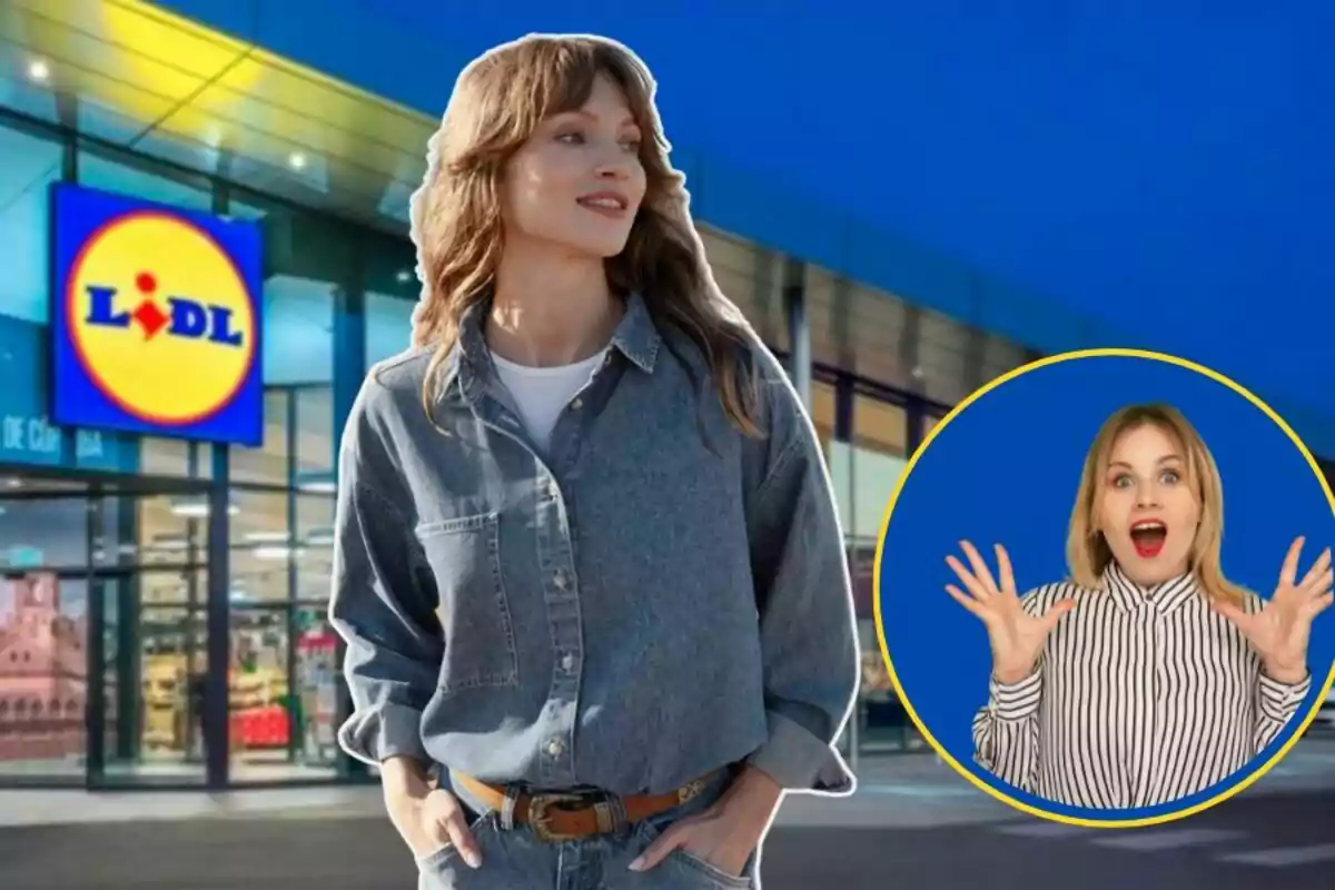 Una mujer con ropa de mezclilla está de pie frente a una tienda Lidl, mientras que en un círculo a la derecha hay otra mujer con expresión de sorpresa.