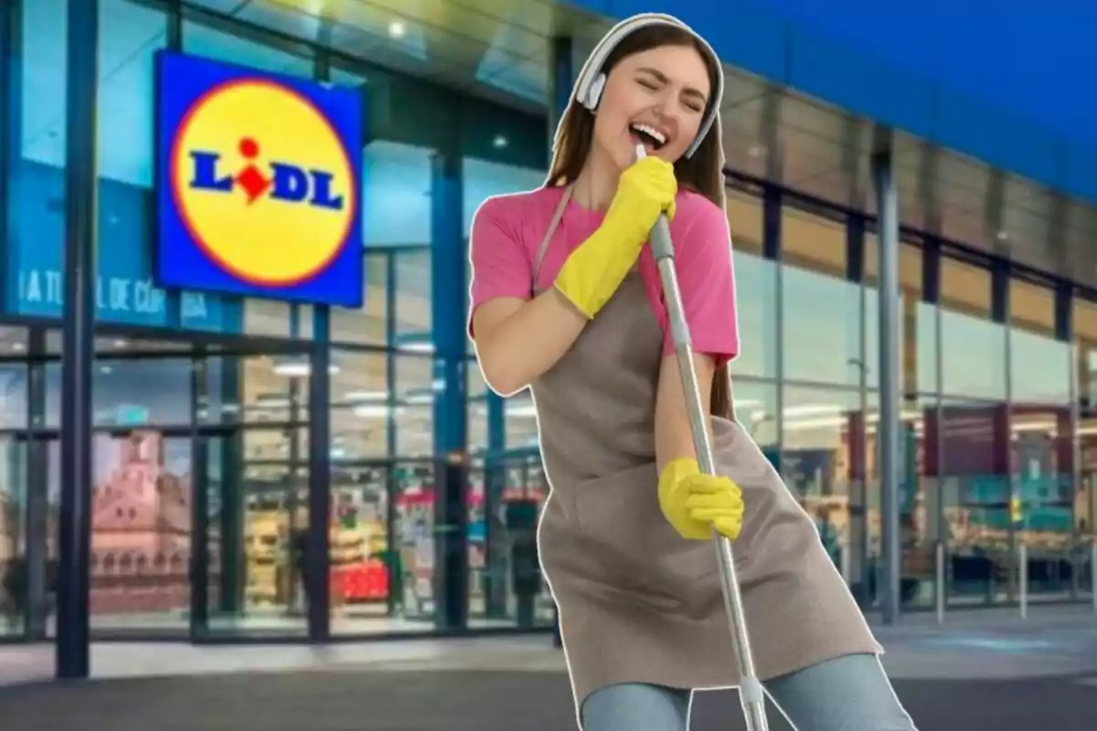 Una persona con auriculares y guantes amarillos canta mientras sostiene un trapeador frente a una tienda Lidl.