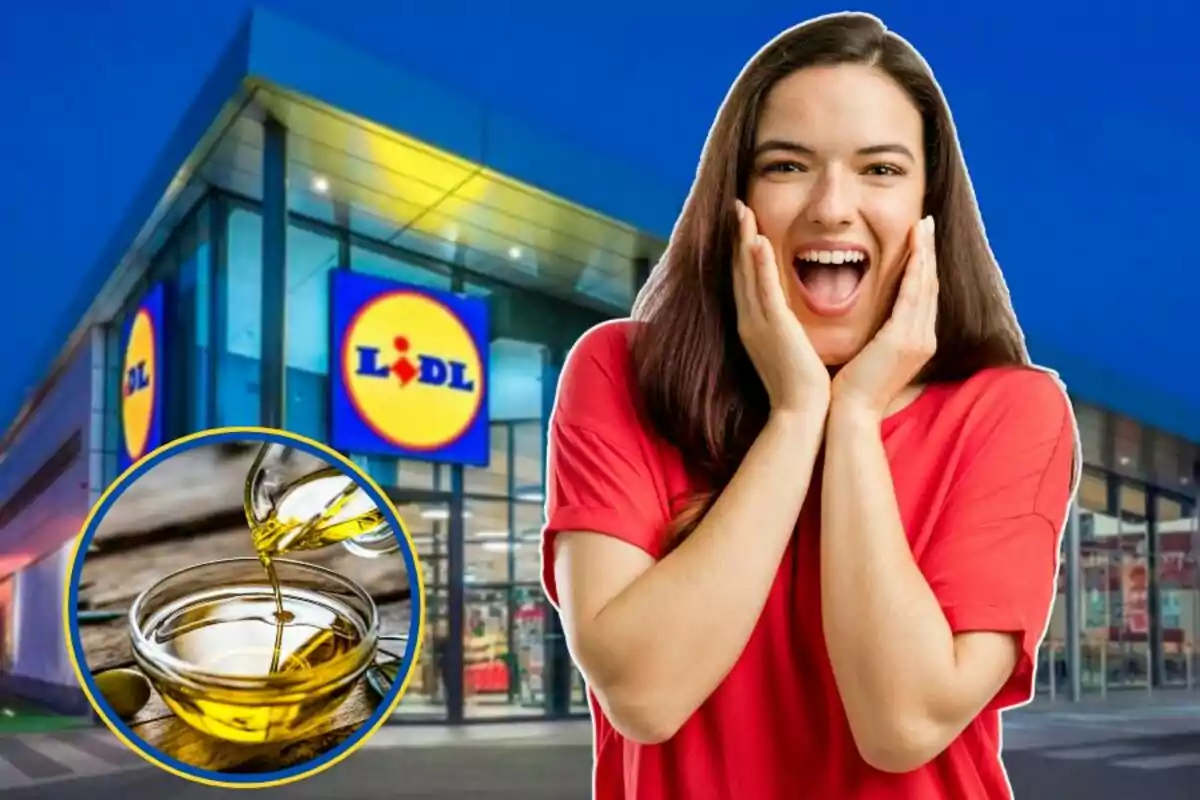 Una mujer emocionada frente a una tienda Lidl con una imagen de aceite vertiéndose en un recipiente.