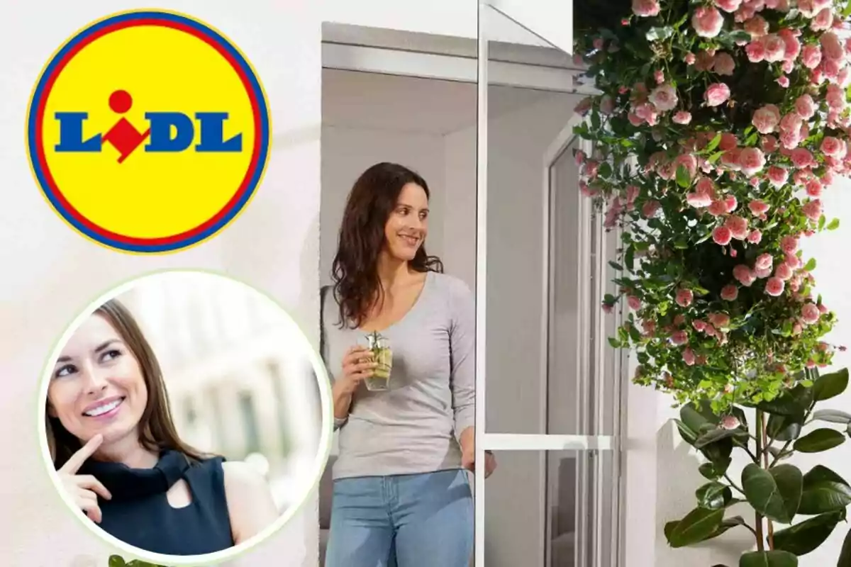 Una mujer sonriente sostiene una bebida mientras está de pie en una puerta corrediza, rodeada de flores rosadas y plantas, con el logotipo de Lidl en la esquina superior izquierda y un círculo con otra mujer sonriendo en la parte inferior izquierda.