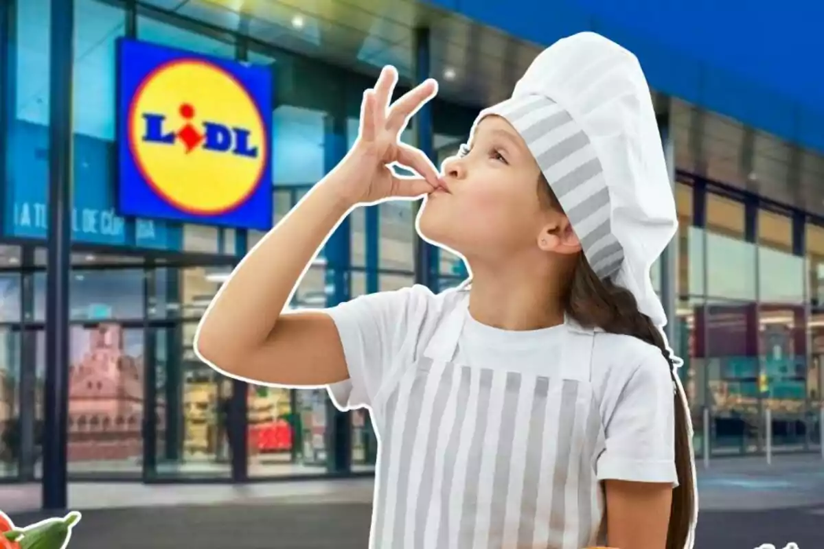 Una niña vestida de chef hace un gesto de aprobación con la mano frente a una tienda de Lidl.